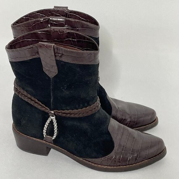 Brighton Boots Short Cowboy Western Brown Croc Leather Black Suede - Picture 7 of 11